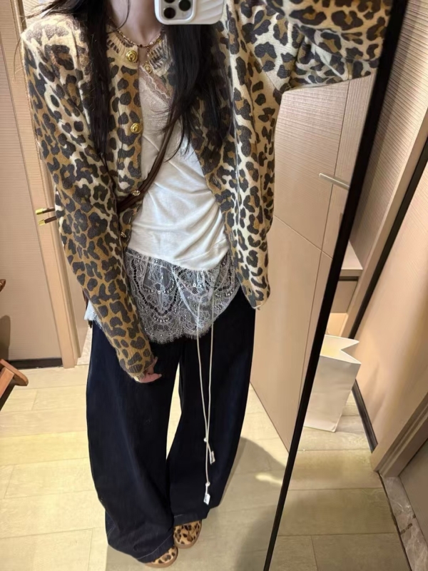 羊毛金扣豹紋針織開衫外套