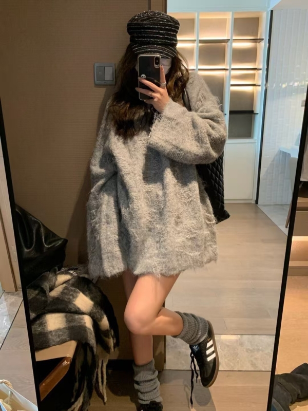 羊毛12%暗格長袖寬鬆毛衣