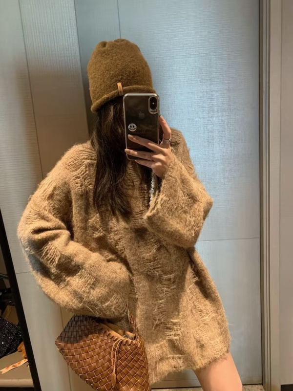 羊毛12%暗格長袖寬鬆毛衣