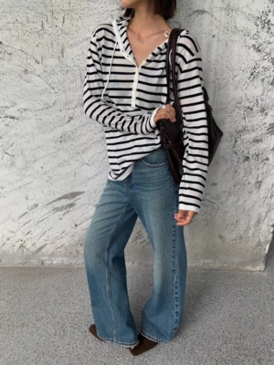 羊毛條紋連帽針織上衣