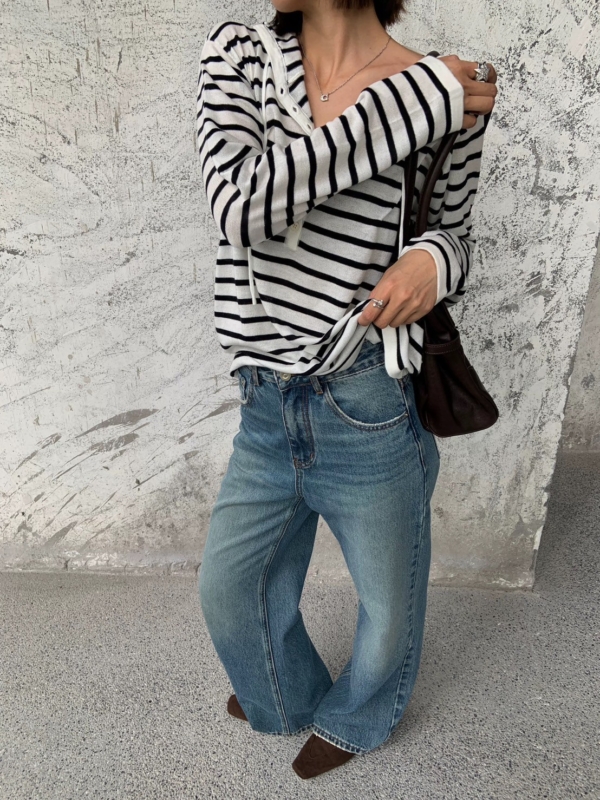 羊毛條紋連帽針織上衣