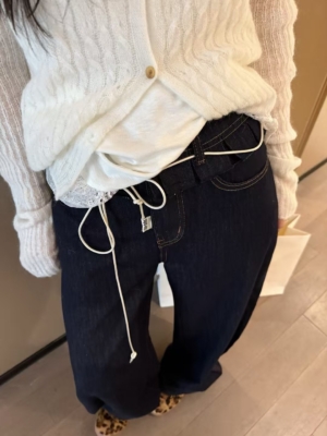 秋款梨型沙漏型花邊原色牛仔長褲