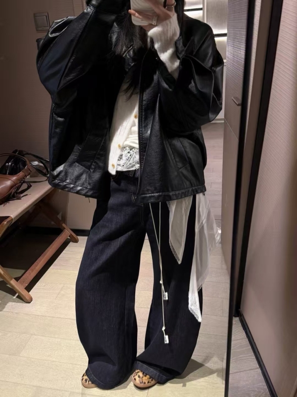 秋款梨型沙漏型花邊原色牛仔長褲