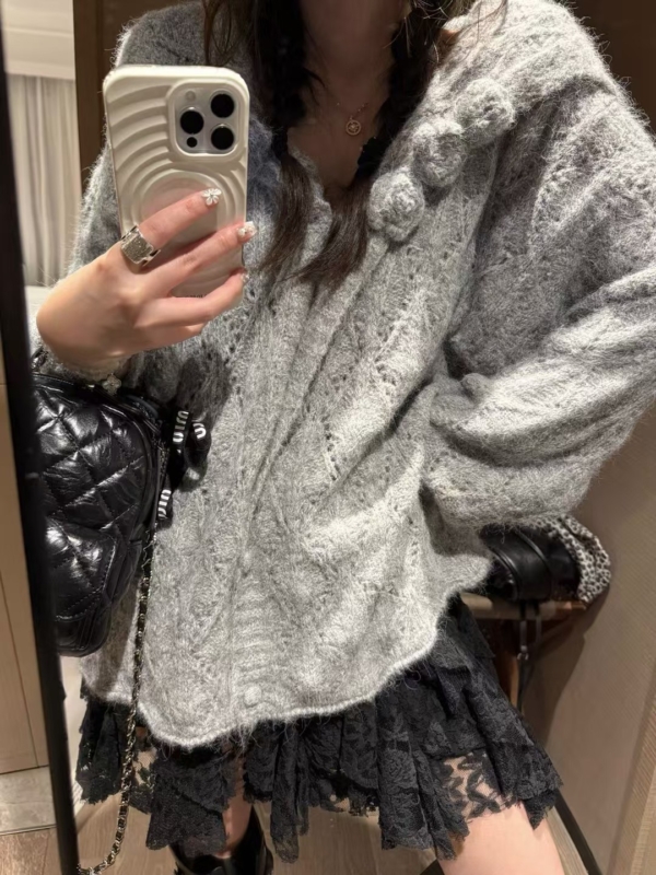 海軍領勾花寬鬆大開衫