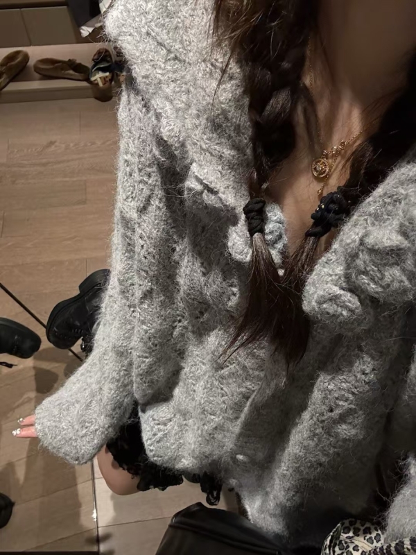 海軍領勾花寬鬆大開衫