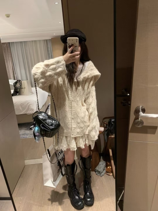 海軍領勾花寬鬆大開衫