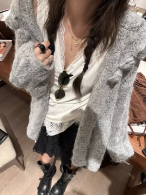 海軍領勾花寬鬆大開衫