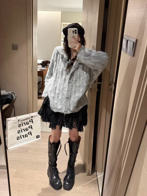 海軍領勾花寬鬆大開衫