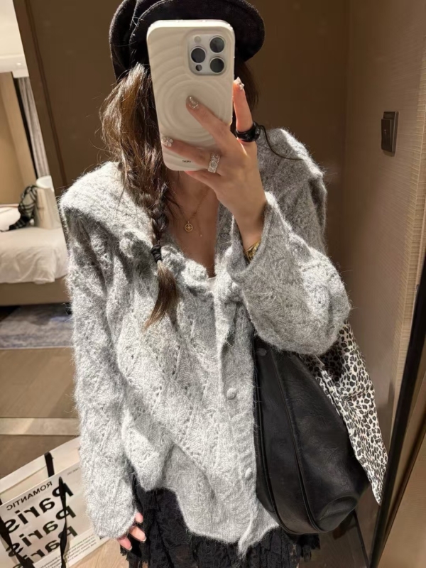 海軍領勾花寬鬆大開衫