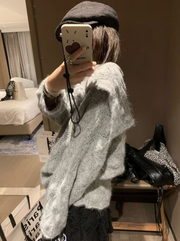 海軍領勾花寬鬆大開衫