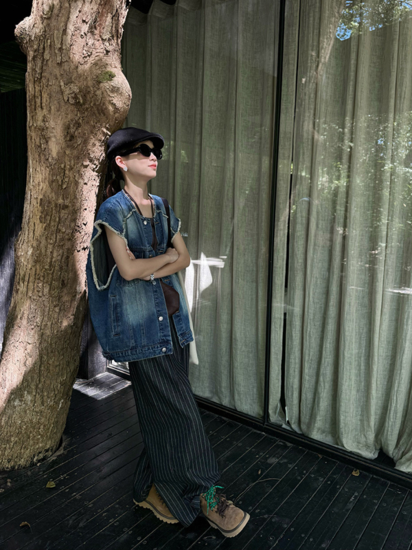 復古毛邊牛仔馬甲美式水洗