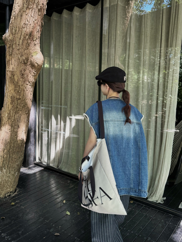 復古毛邊牛仔馬甲美式水洗