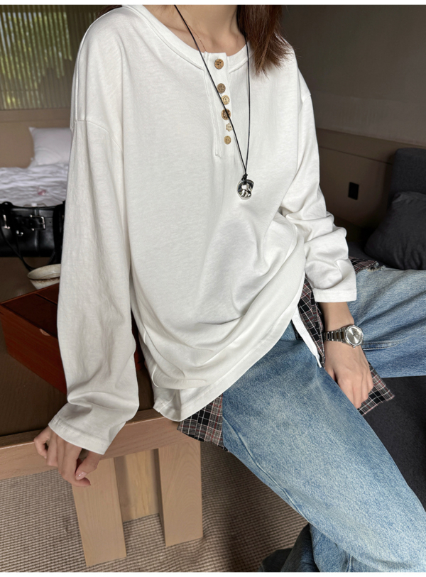 簡約不規則扣捲邊純色長袖T