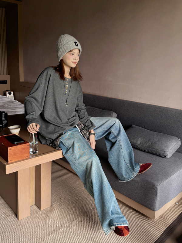 簡約不規則扣捲邊純色長袖T