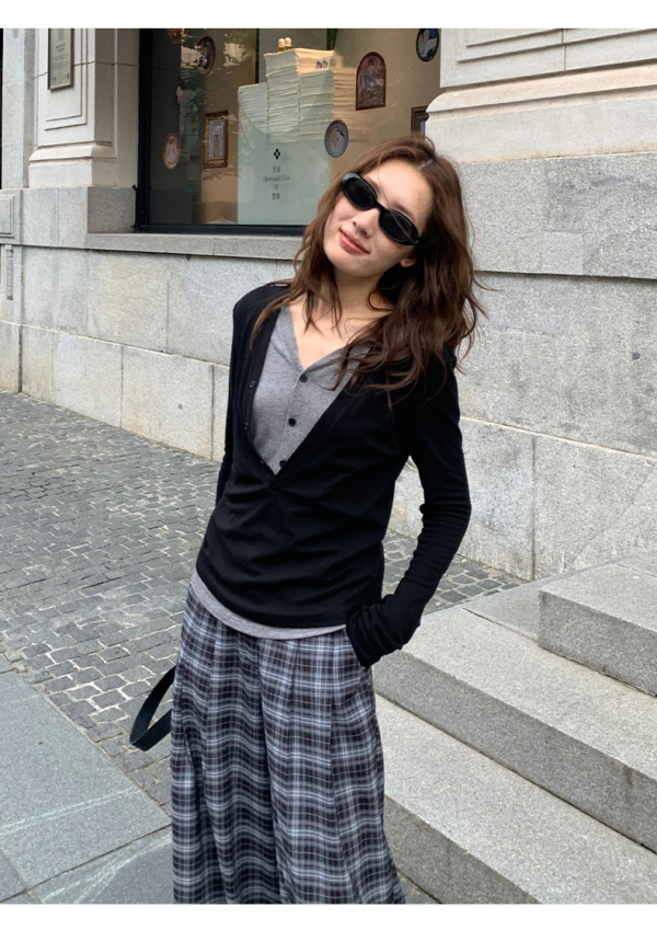 天絲羊毛假兩件長袖針織上衣