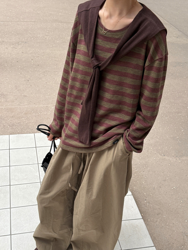 披肩條紋針織衫休閒長袖T恤