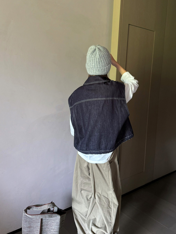 翻領拼格牛仔馬甲下擺繫帶