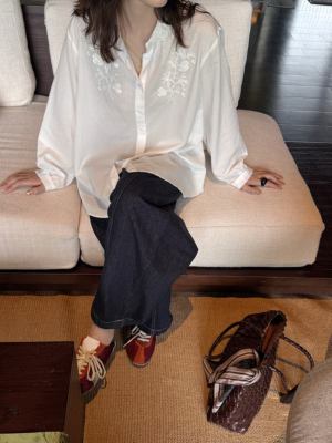 絲領刺繡襯衫天絲上衣