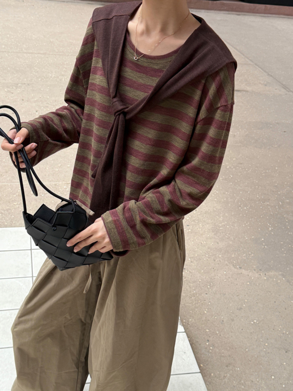 披肩條紋針織衫休閒長袖T恤