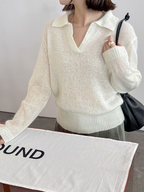 馬海毛羊毛親膚針織翻領上衣