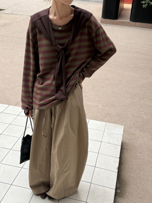 披肩條紋針織衫休閒長袖T恤