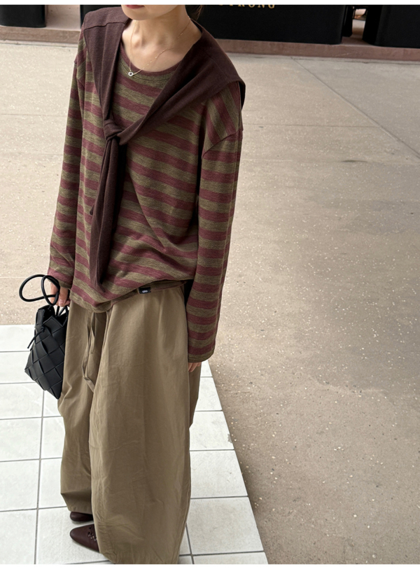 披肩條紋針織衫休閒長袖T恤