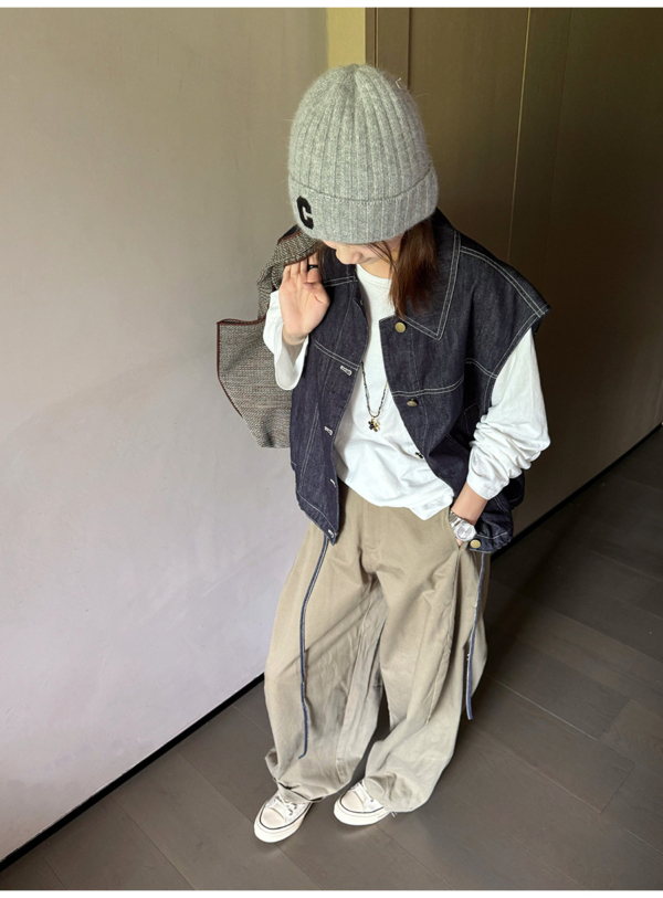 翻領拼格牛仔馬甲下擺繫帶