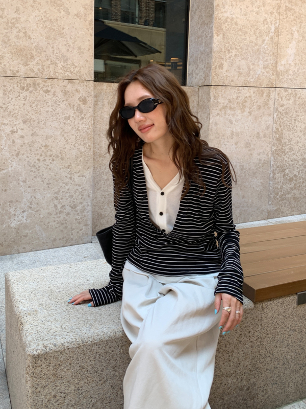 天絲羊毛假兩件長袖針織上衣