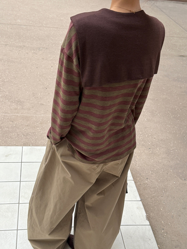 披肩條紋針織衫休閒長袖T恤