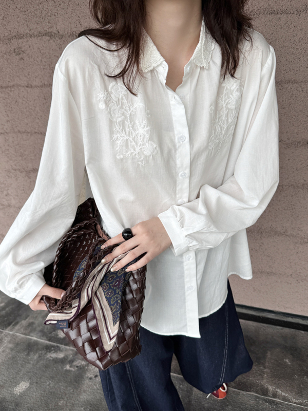 絲領刺繡襯衫天絲上衣