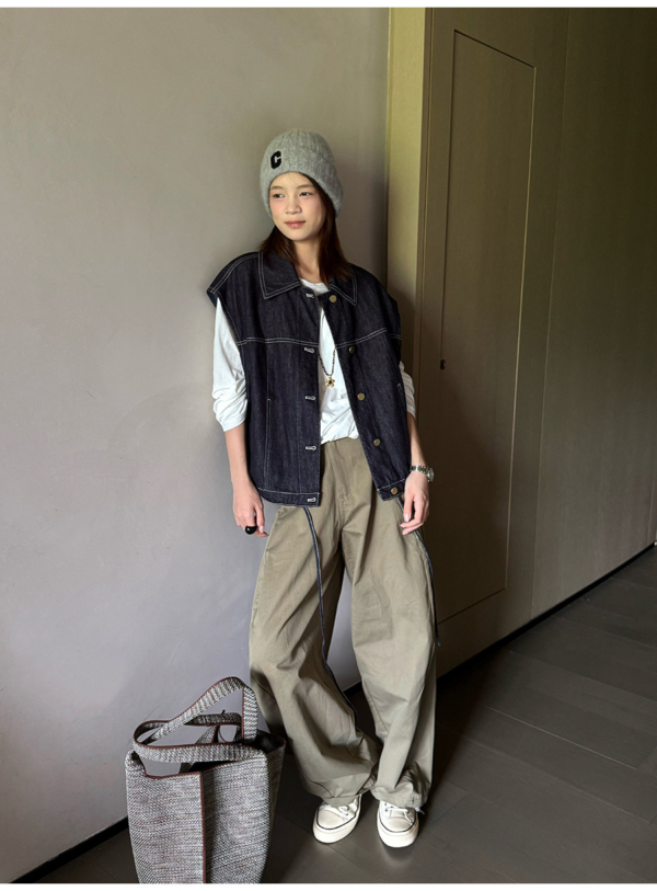 翻領拼格牛仔馬甲下擺繫帶