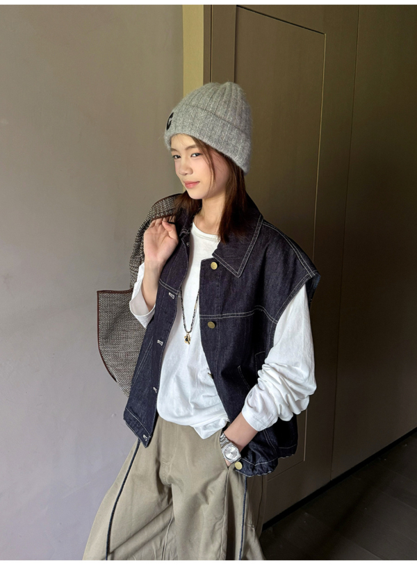 翻領拼格牛仔馬甲下擺繫帶