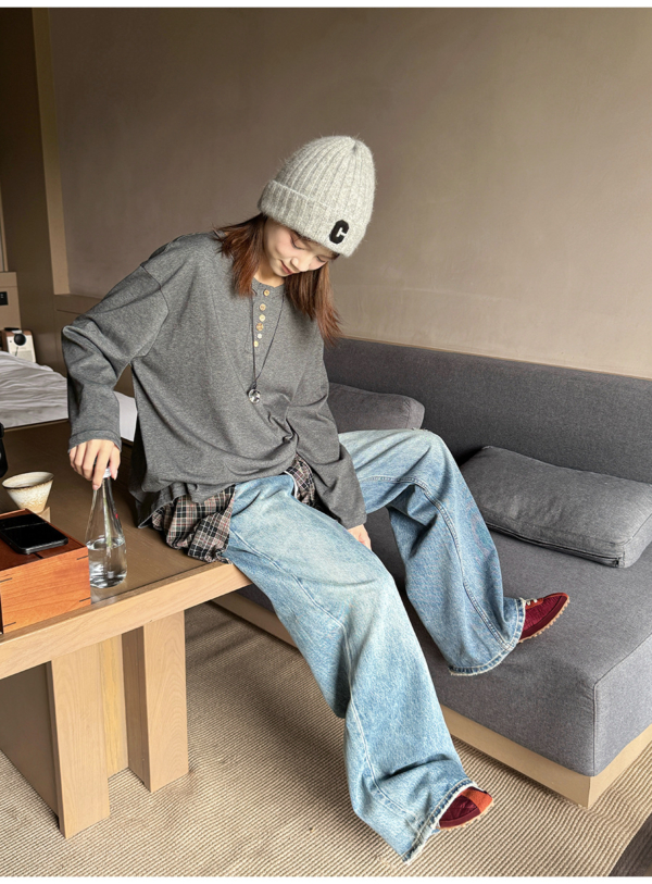 簡約不規則扣捲邊純色長袖T