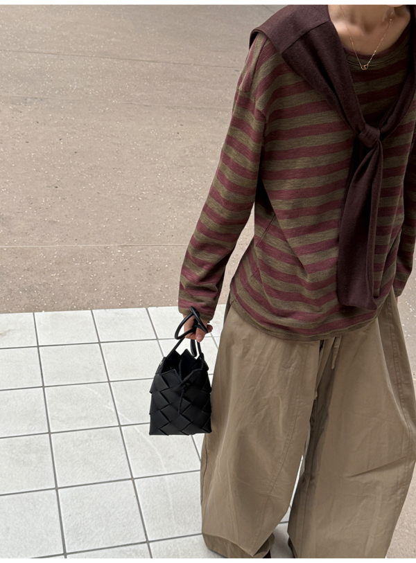 披肩條紋針織衫休閒長袖T恤