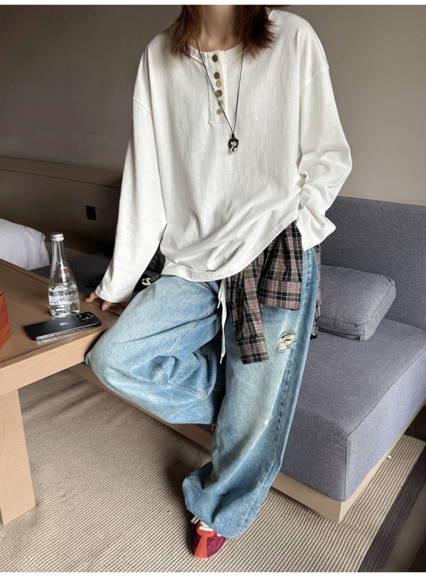 簡約不規則扣捲邊純色長袖T