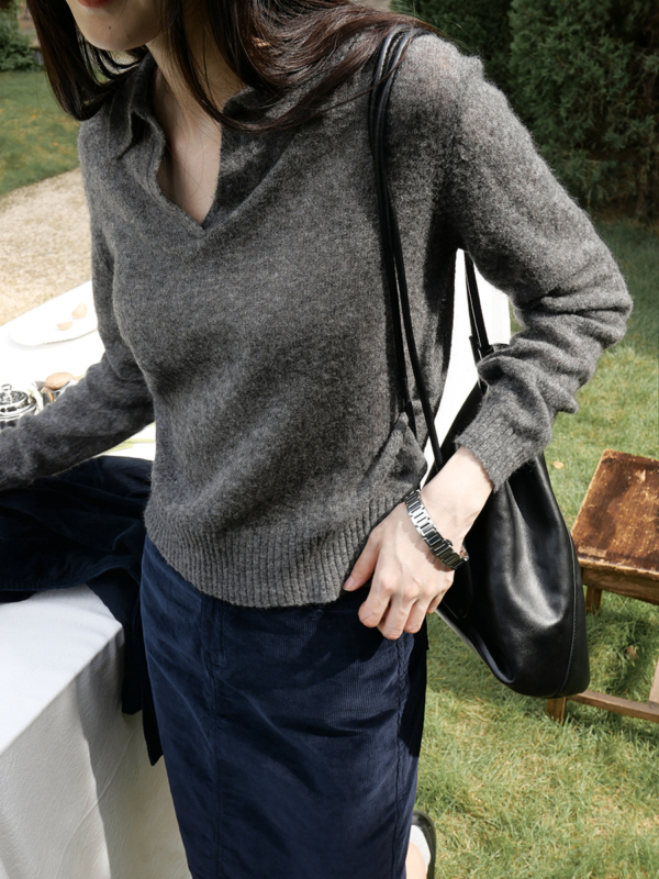 馬海毛羊毛親膚針織翻領上衣