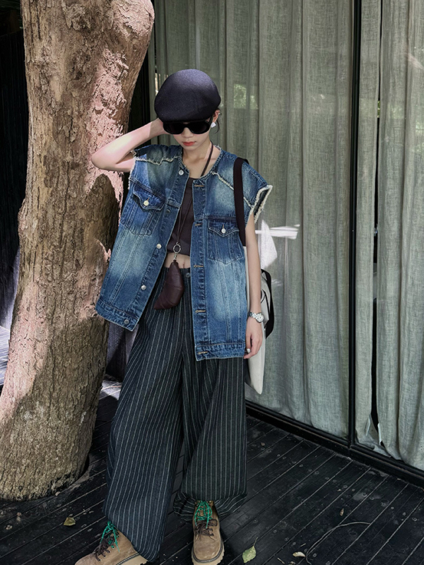 復古毛邊牛仔馬甲美式水洗