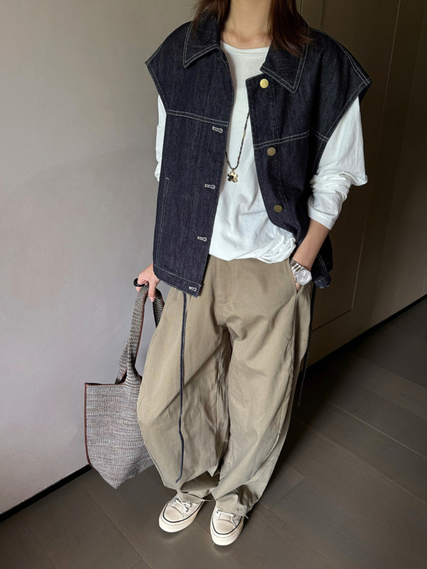 翻領拼格牛仔馬甲下擺繫帶