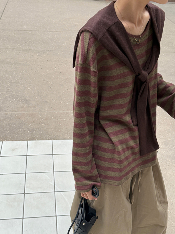 披肩條紋針織衫休閒長袖T恤