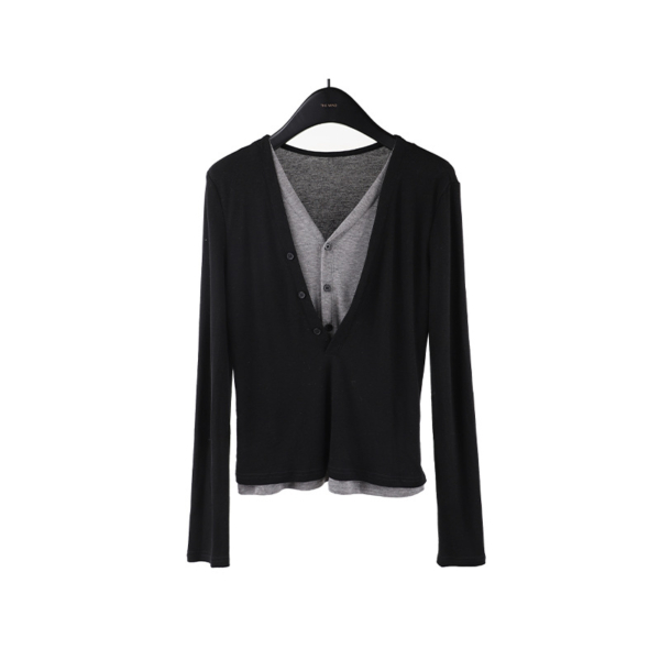 天絲羊毛假兩件長袖針織上衣