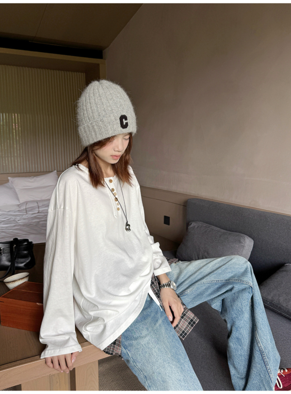 簡約不規則扣捲邊純色長袖T