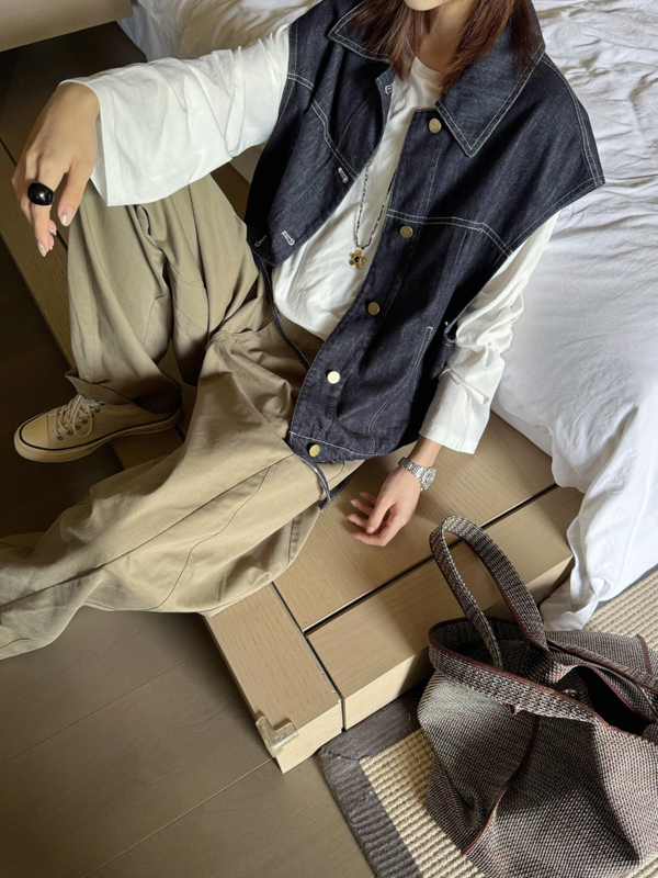 翻領拼格牛仔馬甲下擺繫帶