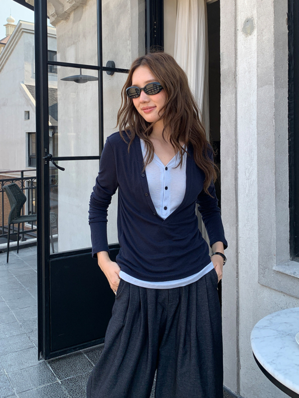 天絲羊毛假兩件長袖針織上衣