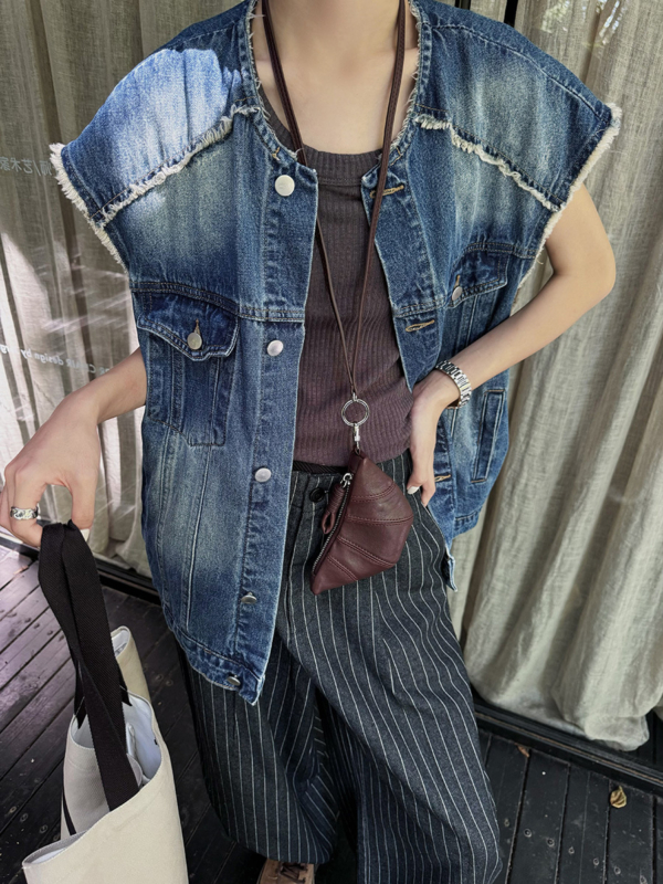 復古毛邊牛仔馬甲美式水洗