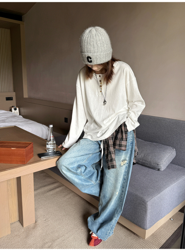 簡約不規則扣捲邊純色長袖T