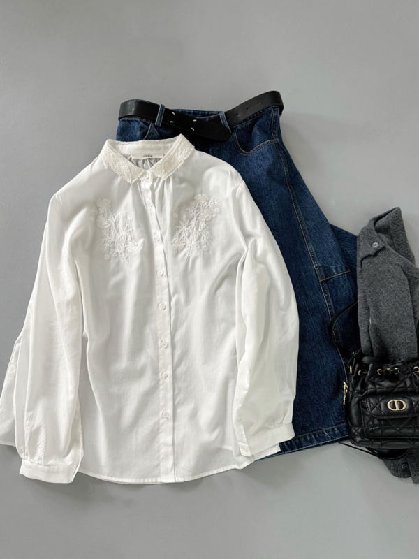 絲領刺繡襯衫天絲上衣