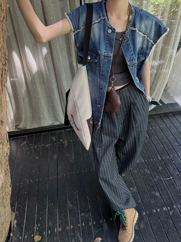 復古毛邊牛仔馬甲美式水洗