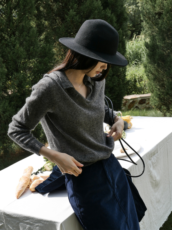 馬海毛羊毛親膚針織翻領上衣