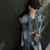 復古毛邊牛仔馬甲美式水洗