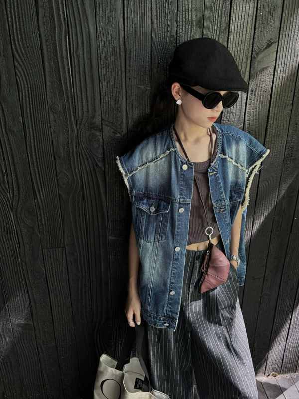 復古毛邊牛仔馬甲美式水洗